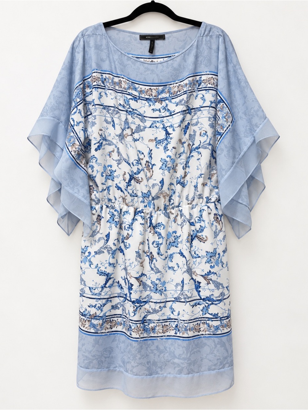 BCBGMAXAZRIA Blue White Floral Scarf Print Kimono Sleeve Dress M/L